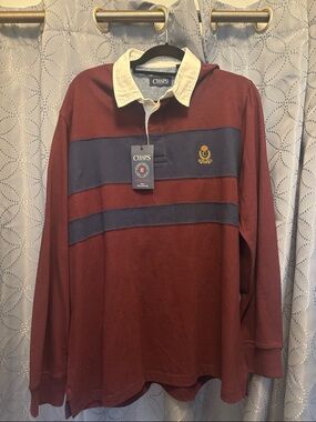 Chaps Men's Burgundy and Navy Long-Sleeve Rugby Shirt with Cream Collar